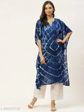 Blue Rayon Crepe Loose Fit Kaftan Kurtis, tie-dye pattern on soft rayon fabric, length 44 inches, no color bleeding guaranteed