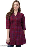 Maroon rayon checkered tunic with three-quarter sleeves for women, XS - XXXL sizes available