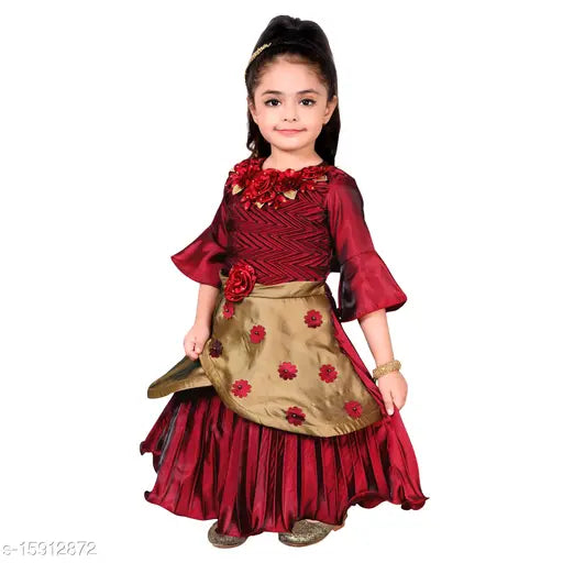 Red cotton blend long gown dress for girls party/festive designer embroidery by Hariyal Creation, three-quarter sleeves, size 2-3 years