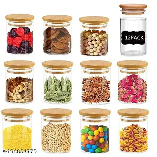 Crystal clear borosilicate glass jar set, airtight with bamboo wooden lid & silicone sealing ring (12 pcs, 270ml) - versatile storage for kitchen or office