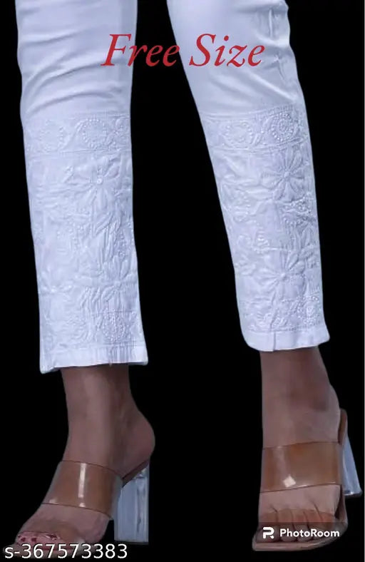 Chikankari cotton trousers for women, big size with lycra stretch, self-design pattern, free size to XXL