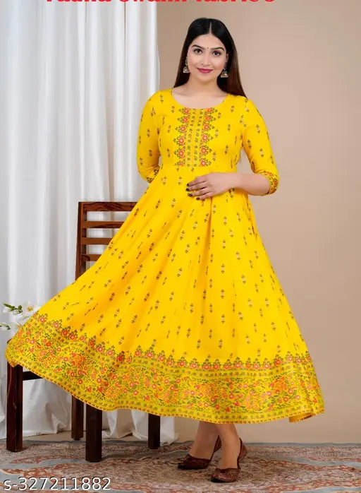 Yellow rayon anarkali kurta with three-quarter sleeves, printed combo design for women, India origin