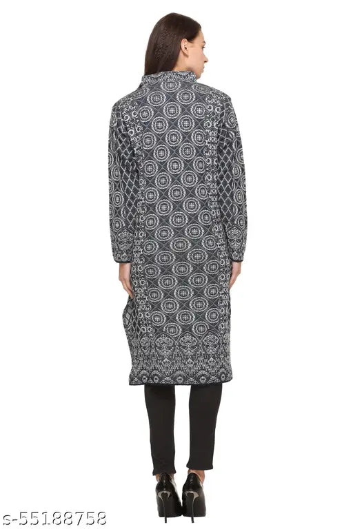 Navy blue wool A-line printed kurti, long sleeves, unique designwear from Montrex, India