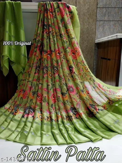 Fancy satin patta silk saree, solid print in free size (5.5m), made in India