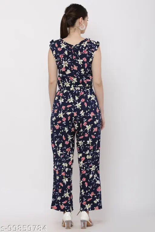 Printed women's floral blue casual back chain Dori V-neck jumpsuit, sleeveless crepe fabric for stylish everyday wear