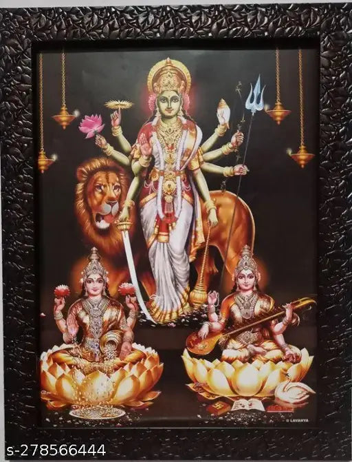 Synthetic resin photo frame, 9x12 inches, featuring Goddess Durga Ambe Sherawali Maa with Lakshmi and Saraswati for home or office religious decor