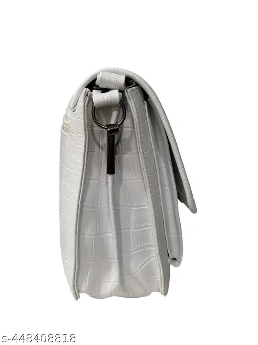 White PU sling bag for women & girls, textured net design with five compartments. Free size (L8in x W2in x H7in), made in India