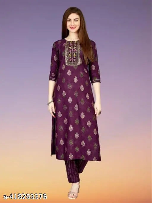 Wine rayon fully stitched round-neck kurti & pant set with embroidery, ideal for festive occasions