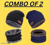 Navy Blue & Black Woolen Balaclava Cap & Scarf Combo, Premium Quality, Unisex Winter Knit with Faux Fur Lining, Made in India