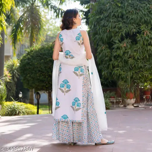 Sleeveless cotton blend sharara dupatta kurti set for women, printed, stitched net, pack of 3 (Indian-made)