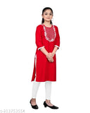 Red embroidered rayon straight kurta with three-quarter sleeves for girls aged 9-16 years, Indian origin