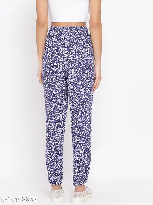 Blue viscose pant, floral print, regular fit for women, Oxolloxo brand
