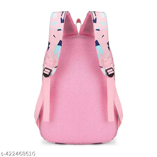 Pink printed fabric net backpack for school and institute, vibrant design with multiple compartments, adjustable padded straps