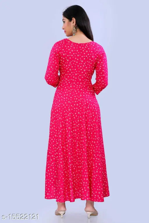 Pink rayon anarkali with printed combo, three-quarter sleeves, Demirner brand