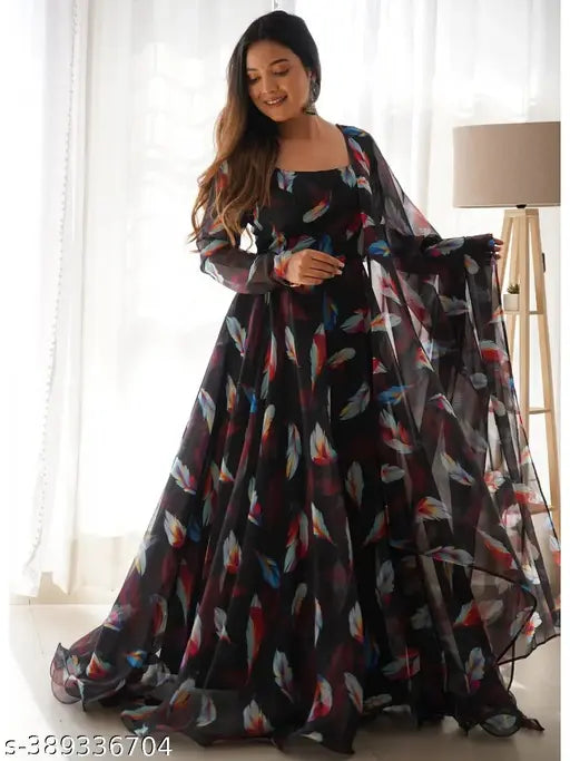 Multicolor polyester long-sleeved kurti for women, printed leaf design on solid background, available in sizes S-7XL