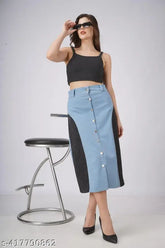 Black denim light skirt, solid pattern, women's fashion, stylish fit for sizes 28-36