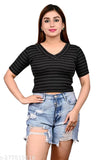 Black striped cotton crop top with V-neck and short sleeves, perfect for women's fashion