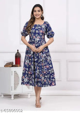 Trendy rayon dresses, short-sleeved printed combo in vibrant Indian designs. Size options: S, M, L, XL, XXL, XXXL
