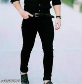 Men's black denim jeans on a hanger, perfect fit for any occasion. Solid pattern, size 28/30/32, made in India