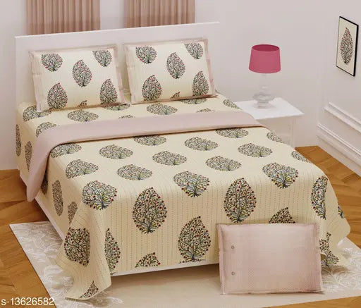 King size, 100% pure cotton Sanganeri Cart bedsheet, 180 thread count, 2 pillow covers, India-made