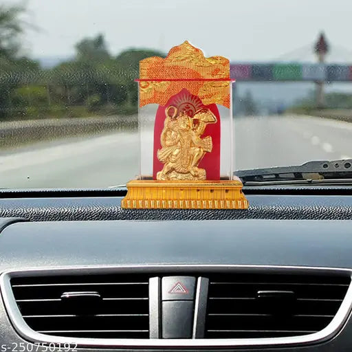 Gold-toned brass Hanuman Ji sitting statue, Bajrangbali murti for Car Dashboard Mandir or Home Decor, featuring Pawan Putra image