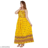 Mustard print rayon sleeveless gown cum kurti, soft and washable Indian fashion wear