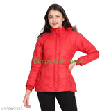 Red nylon quilted hoodie jacket by Dimpy Garments for women, adjustable and removable hood, zip pockets, machine washable