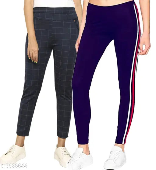Women's Lycra cotton rib jegging, checked pattern, versatile fit for sizes 26, 28, 30, 32, and 34 (India)
