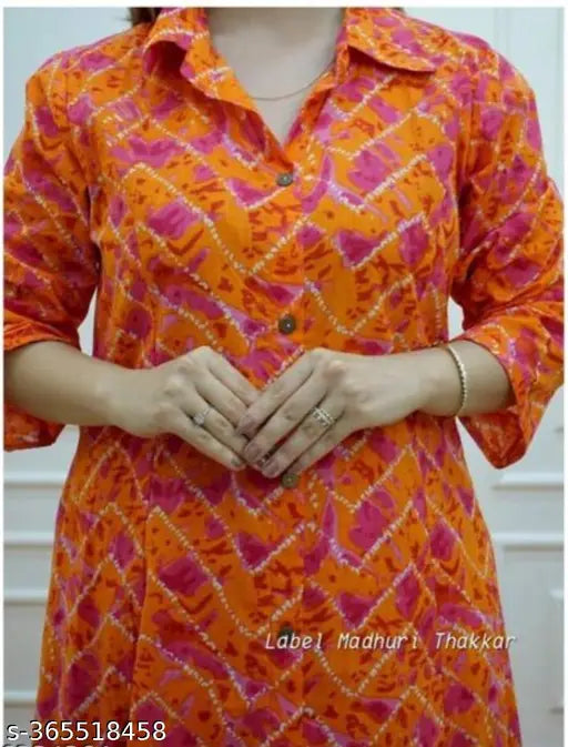 Orange Reyon Printed Cotton Kurta Set with Pant sets, three-quarter sleeves, Ikat pattern, suitable for formal or informal events