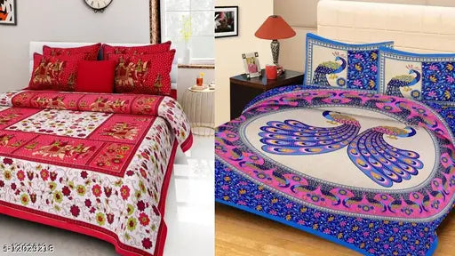 Rajasthani printed queen-size cotton bedsheet combo pack with 4 pillow covers, vibrant Indian design on display