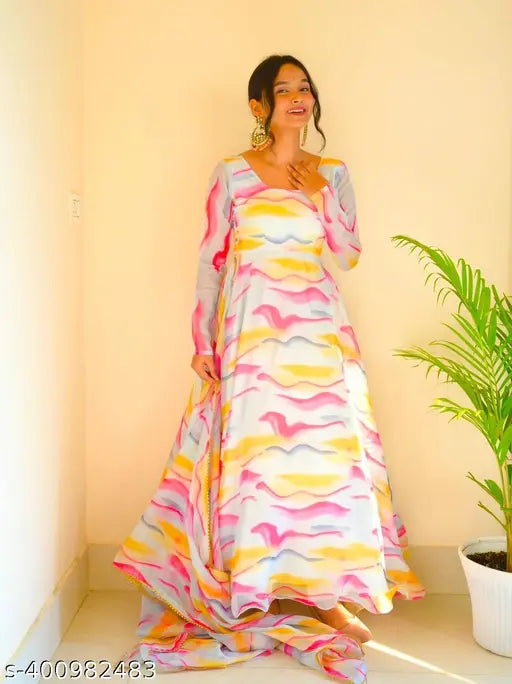 Printed Georgette Anarkali gown set with dupatta, long sleeves, Indian-origin fashion