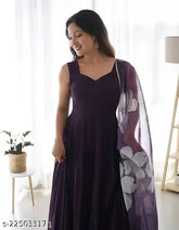 Designer printed Georgette kurta, flared sleeves, self-design. Single size with stitched net, available in XS - 6XL. India origin. Color may vary from image