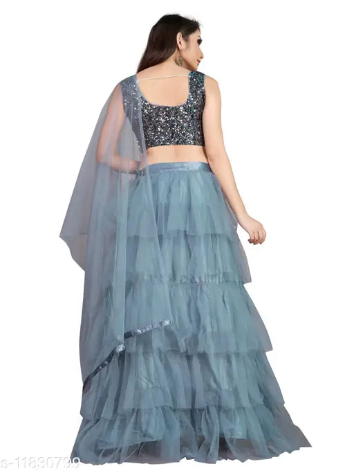 Grey net A-line ceremonial lehenga with sequined unstitched blouse, embellished top and solid dupatta from Arvika, India