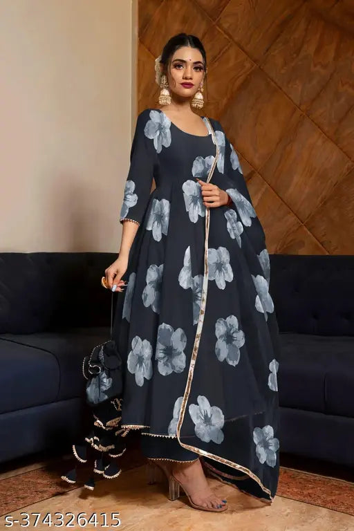 White Georgette Anarkali gown set with dupatta and bottom wear for women & girls - India-made printed party wear