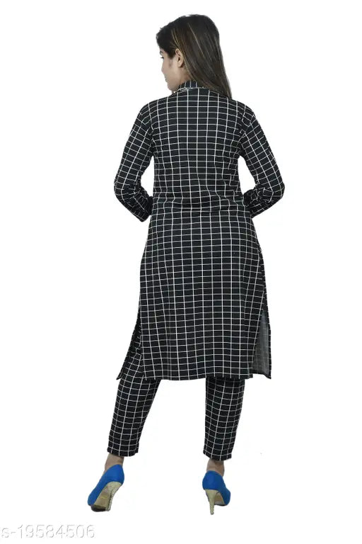 Women's 3-piece check print dress, top, pant in Lycra. Three-quarter sleeve check print activewear set, India origin