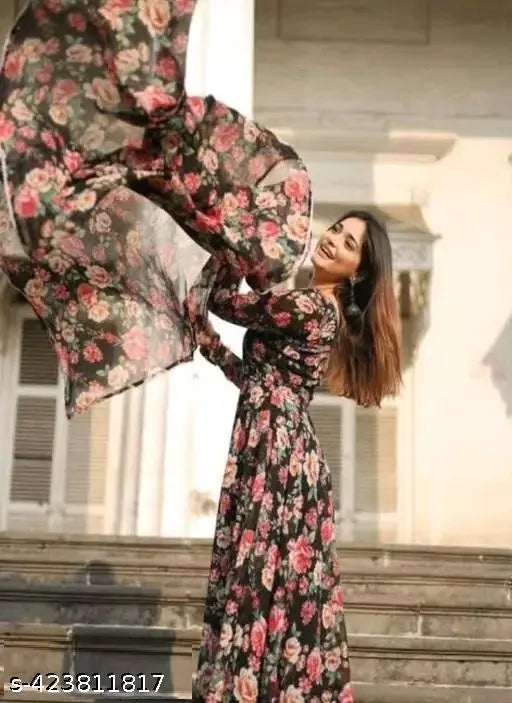 Georgette retro women's gown with three-quarter sleeves, Zari woven net pattern. Trendy Indian outfit for formal occasions, size S-XXL