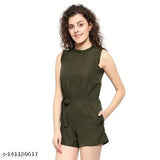 Crepe sleeveless women's short jumpsuit in solid net, size S for bust 34in, length & waist 34in, made in India