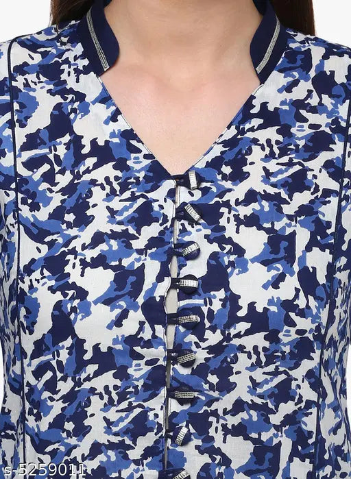 Cotton abstract print high-slit kurti, long sleeves, Indian women's fashion