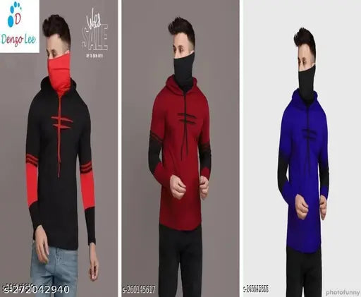 Cotton blend men's hooded t-shirts combo 3 - Solid long sleeves, fresh summer style for men and boys, under 299, India origin