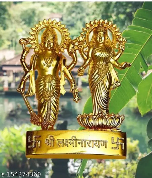 Golden 11cm Brass Laxmi Narayana Idol decor showpiece, traditional Indian God figure