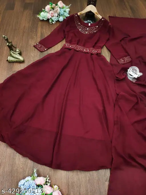Maroon georgette long sleeve dress with matching belt, solid pattern and umbrella flare