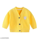 Yellow cotton blend MOMISY baby sweater with front open V neck and long sleeves, suitable for boys and girls aged 6 months to 4 years