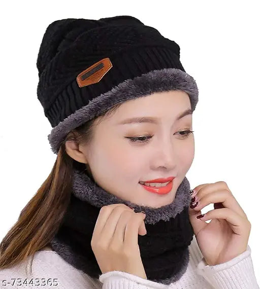 Black woolen beanie cap scarf set (fur inside), stretch warm winter accessory for men and women