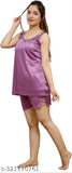 Purple satin nightwear top & shorts set, stylish night suit for bedroom or special nights. India origin