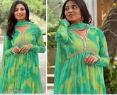 Georgette flared anarkali gown with dupatta, traditional formal Indian wedding dress for women