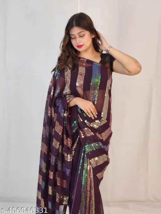 Three color sequin Georgette saree for women, free size, striped blouse in satin fabric, 5.5 meters long with attached running blouse, India origin