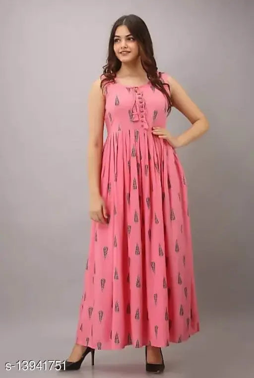 Demirner pink rayon sleeveless anarkali kurta, printed combo, Indian ethnic wear