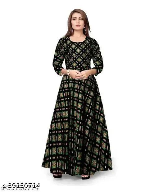 White printed rayon gown, three-quarter sleeves, stylish women's party dress - India