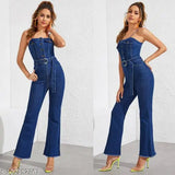 Denim jumpsuit by High-Buy, sleeveless self-design with belt. Quality Indian denim clothing for women