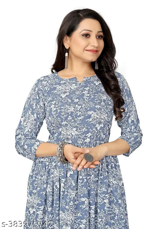High-quality crepe, vibrant floral print Anarkali kurtis in three-quarter sleeves, S-XXL sizes